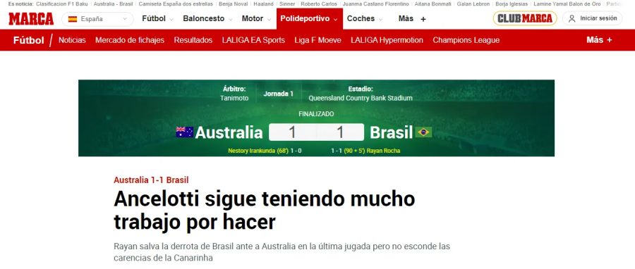 "Ancelotti tem muito trabalho": jornal espanhol faz crítica à Seleção após empate