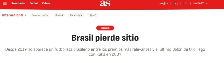 “Brasil perde terreno”: jornal espanhol destaca jejum na Bola de Ouro